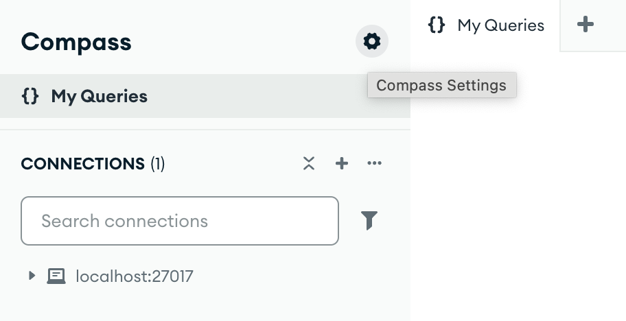 Settings gear icon location on MongoDB Compass UI